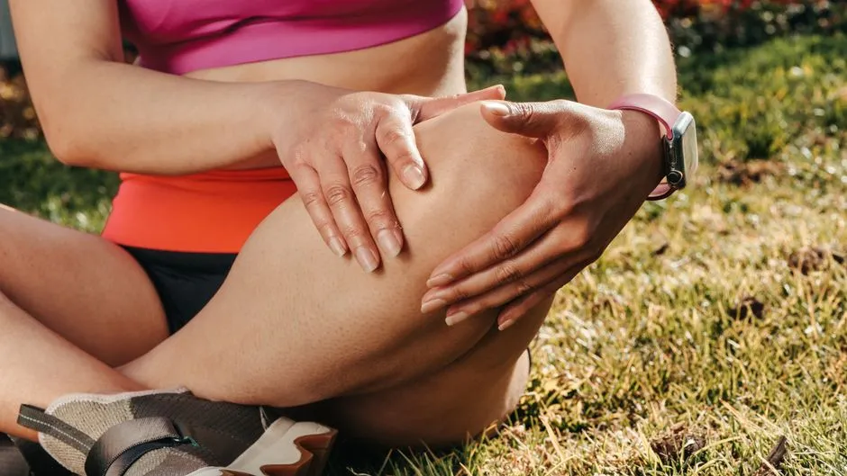 Woman in athletic wear holding her knee in pain while sitting outdoors in the sun, illustrating summer joint pain in the Treasure Valley.