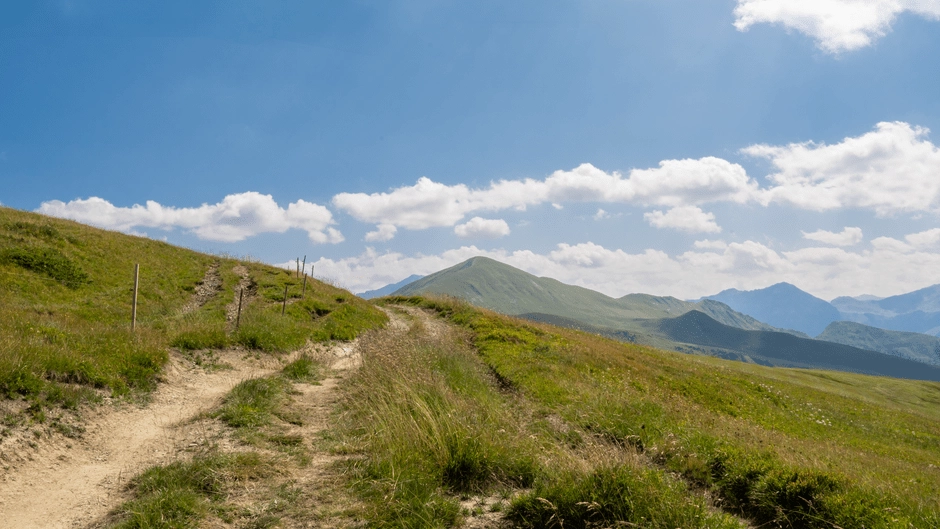 A hiking trail winding through the Idaho foothills, representing an active lifestyle after knee recovery
